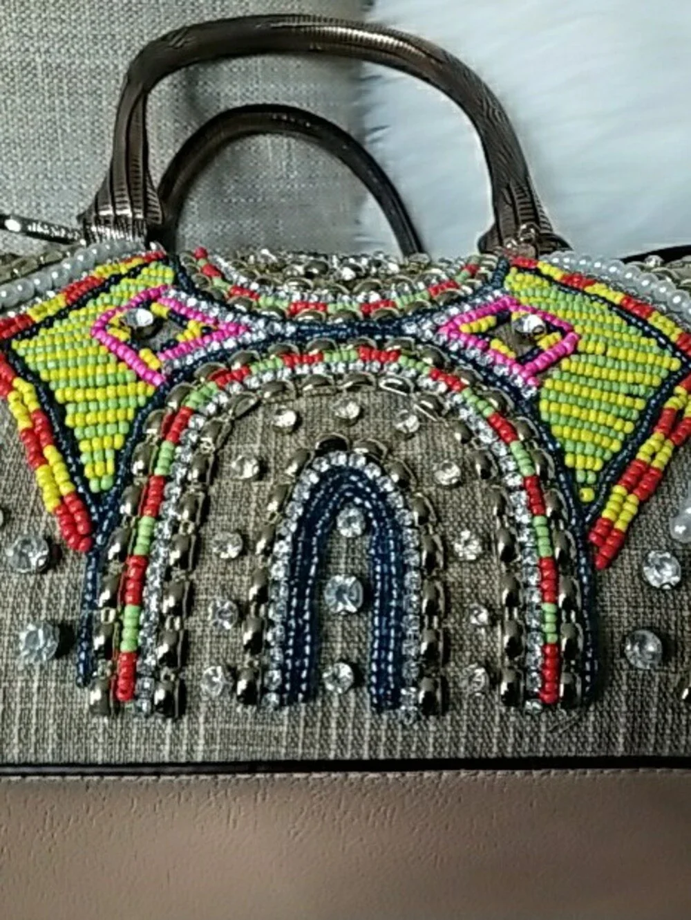 Nicole Lee Metallic Brown Satchel with Multicolor Beadwork